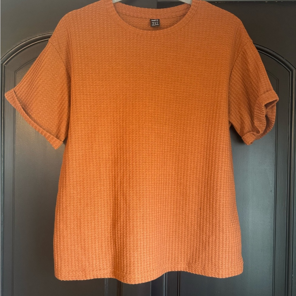SHEIN Orange Ribbed Cuffed Sleeve T-Shirt